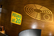 Euro at 20, for the 20th anniversary of the Euro - Projection of Euro coin logo on Hemicycle wooden wall